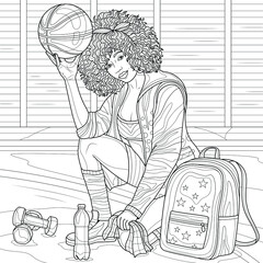 Black girl basketball player.Coloring book antistress for children and adults. Illustration isolated on white background.Zen-tangle style. Hand draw