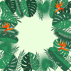 Naklejka premium Card template with tropical exotic monstera and palm leaves.