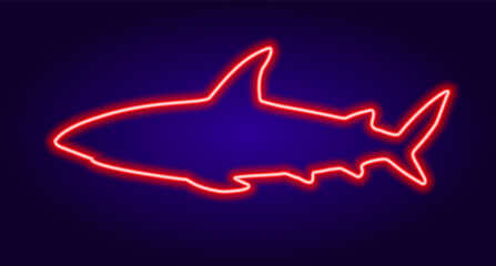 neon shark sign in red on dark blue background. isolated glow-in-the-dark neon tube in red color in the shape of a carnivorous sea fish SHARK on a dark blue background for the design template