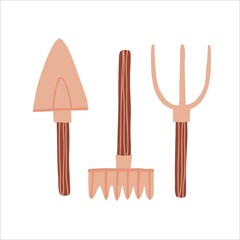 Garden tools, shovel, pitchfork and rake. Construction equipment. Collection of icons in cartoon style. Working tool for outdoor digging. Rural gardening. Hand drawn vector illustration.м