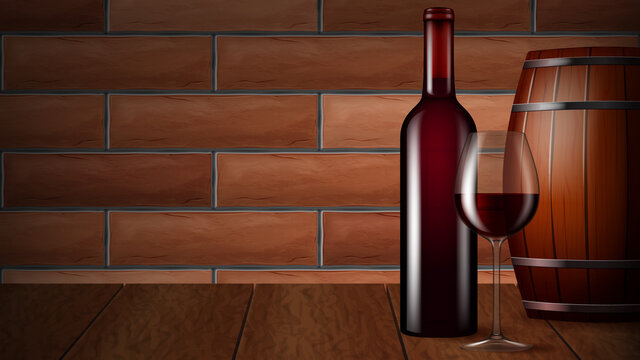 A bottle and a glass of wine, wooden cask on brick wall background. Vector illustration.