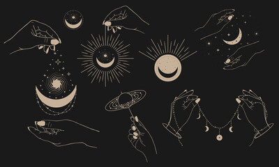 Set o boho mystic astrology elements . Magical space objects planets, stars with female hands. Magic logos of hands, moon and sun. Mystic symbols for your design.