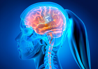 X ray female head with implanted micro chip - 3d Illustration	