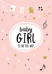 Baby girl is on the way announcement vector card.