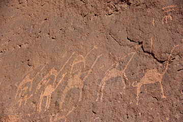 Ancient nabataean drawings on the mountains in Wadi Rum, Jordan.