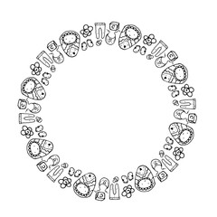 Vector template round pattern, from a newborn baby in an envelope with a heart, sliders, pacifier, bib and cubes with an empty space inside for text, black outline drawn in the style of doodle for the