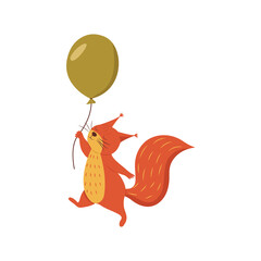 Cute squirrel flies holding on to a string from a balloon. Colorful vector isolated illustration cartoon style. Forest animal, rodent. Childrens illustration