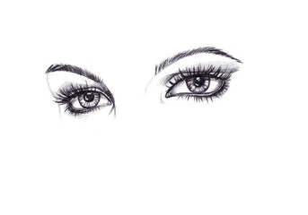 An illustration with cute, lovely, charming and seductive eyes isolated on a white background. Pencil and paper. Print. Banner. Postcard. Wallpaper. Picture. A graphic resource. Texture.