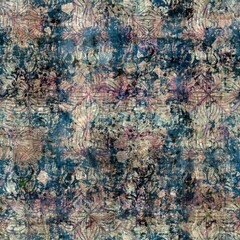 Seamless elegant mixed media pattern in navy, blue, pink, and cream. High quality illustration. Ornate and highly detailed and textured realistic faux collage. Sophisticated intense textile design.