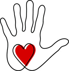 Heart in the palm of your hand linear outline with a red heart template for Valentine's day.
