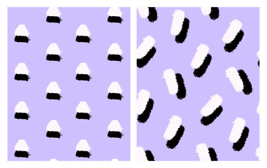 Abstract seamless patterns set. White and black elements isolated on pastel purple backgrounds.  Hand drawn in ink designs. Vector wallpapers.