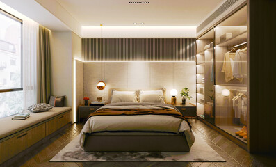 3d render of bedroom, hotel room
