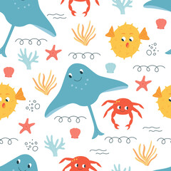 Seamless vector sea pattern. Underwater life and summer concept. Hand drawn illustration of cute smiling ray manta, puffer fish, crab, corals and starfish.