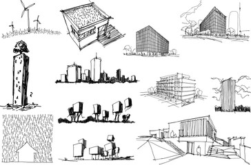 many hand drawn architectectural sketches of a modern abstract architecture and detached houses and urban ideas  © Slavomir Valigursky