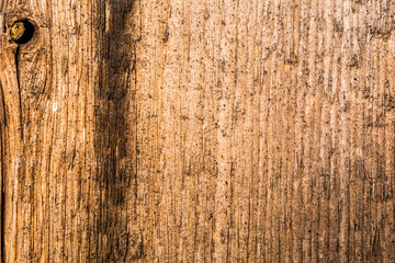 Old wooden wall with cracks and knot. View close up
