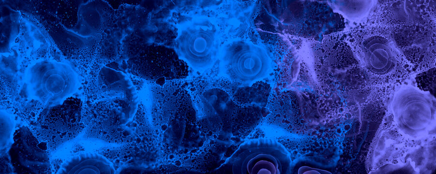 X-ray alcohol ink. Blue microscopy universe. geodesy pattern with space effect. Blue violet alcohol ink abstract background.