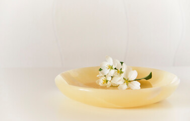A beautiful sprig of apple tree with white flowers on an onyx plate.
