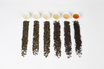variety types of tea in little cups and natural tea leaves.
