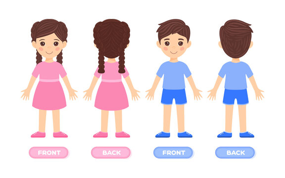 Children in clothes. Front and Back views. Girl in a Dress, shoes. Boy in a T-shirt and Shorts. Education for Kids. Flat color cartoon style. White background. Vector stock illustration.