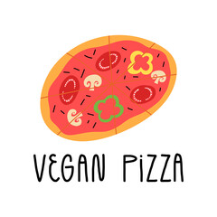 Cute hand-drawn vegan or vegetarian pizza with mushrooms and vegetables. 