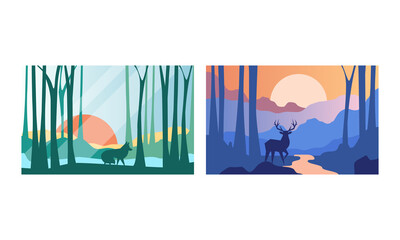 Beautiful Natural Landscape Set, Forest Wilderness Scenery with Wolf and Deer Wild Animals Vector Illustration