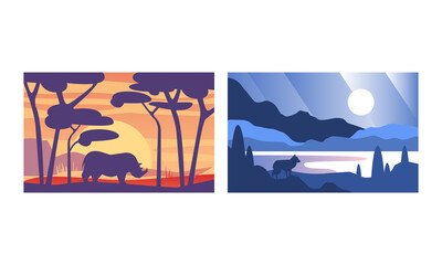 Beautiful Natural Landscape Set, Wilderness Scenery with Wild Animals Silhouettes Vector Illustration