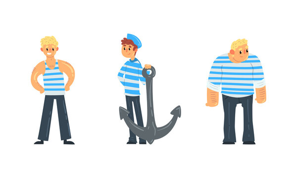 Set of Sailors, Seaman Characters in Uniform, Ship Crew Members Cartoon Vector Illustration