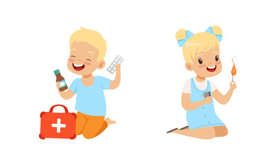 Kids in Dangerous Situations Set, Little Boy Playing with Medicines, Girl Playing with Matches Cartoon Vector Illustration