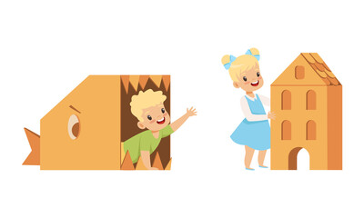 Cute Little Kids Playing Cardboard Boxes Set, Lovely Children Playing inside Roothy Fish and House Cartoon Vector Illustration