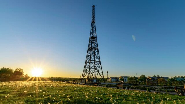 Wooden radio tower at sunset in Gliwice city, Silesia, Poland