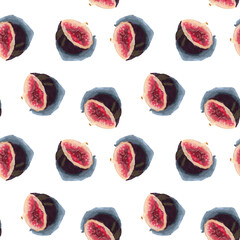 Seamless pattern with fresh figs. Exotic fruits hand drawn background. Illustration of sliced ripe fig. Design for wallpaper, background, fabric, textile, cafe, restaurant, resort, exotic, packaging. 