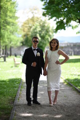 Luxury married wedding couple, bride and groom posing in old city