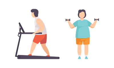 Overweight People Doing Sports Set, Fat persons Walking on Treadmill, Exercising with Dumbbells, Weight Loss Program Concept Flat Vector Illustration