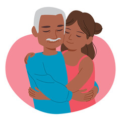 Black Senior father and young adult daughter hugging