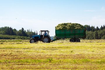 Tractor with a trailer in the field for agricultural work. 