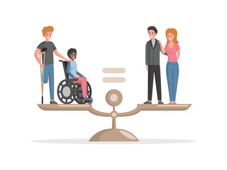 Disabled people and valid people standing on scales vector flat illustration. Invalids equal in rights in the balance with healthy people. Equal rights for everyone in work and business.