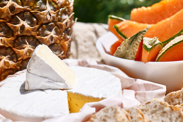 Delicious cheese brie or camembert, baguette, honey melon sliced and pineapple on the table in the garden. Summer bItalian, Frreakfast or picnic. Selective focus