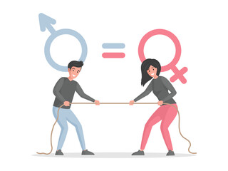 Male and female characters pulling rope against each other vector flat illustration. Man versus woman, tug of gender war competition, battle of sexes, or wage equality concept.
