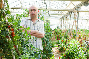 Portrait of friendly male farmer at work in modern hothouse