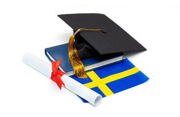 Banner - graduate Swedish education. Graduation diploma and academic hat along with tutorial and flag of Sweden on white background. Place for text.