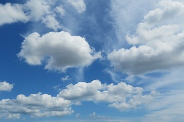 Naklejka na ściany i meble Beautiful blue sky with white fluffy clouds