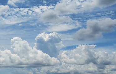 Beautiful fluffy clouds background, heart shape cloud in blue sky 