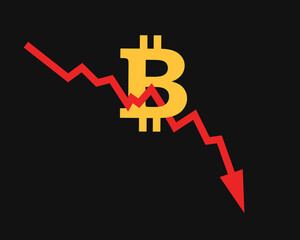 Bitcoin chart and diagram - valuation and price of digital currency is decreasing and going down. Decline, fall, plunge and descend of value and cost. Vector illustration.