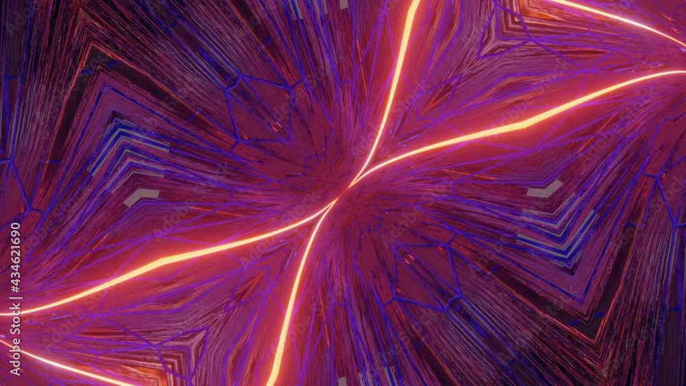 Poster moving neon glowing three-dimensional kaleidoscope patterns and ornaments. looped animation. 3d rend