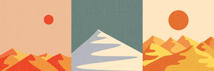 Vector illustration. Minimalist background collection. Flat style landscape. Simple nature scene. Design for social media template, square banner. Desert sand hills. Artist canvas texture overlay © VVadi4ka