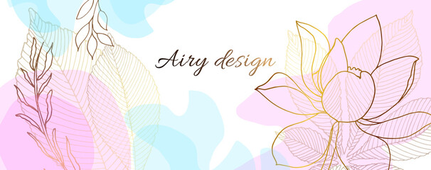 Plants line gold. Minimal background in blue and pink colors, lotus and twigs. Watercolor stains. Place for text