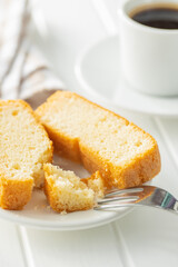 Fototapeta na wymiar Sliced sponge dessert. Sweet sponge cake
