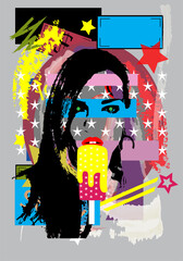 Portrait of a girl eating ice cream. Colorful pop art background with stars. 
