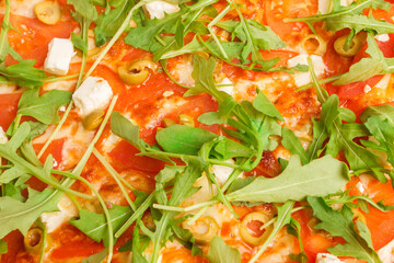 Baked pizza with cheese, tomatoes and mushrooms