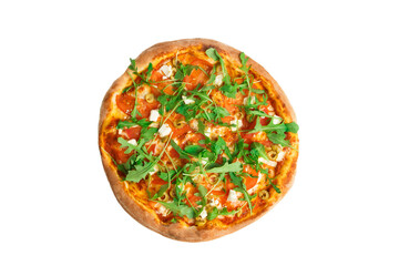 Baked pizza with cheese, tomatoes and mushrooms